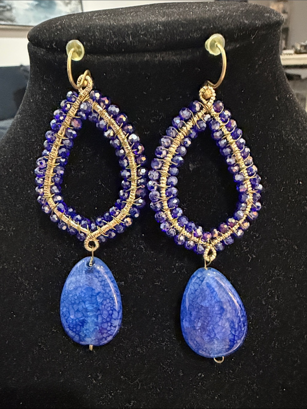 Handmade Gold Wire Teardrop Earrings with Royal Blue Beads